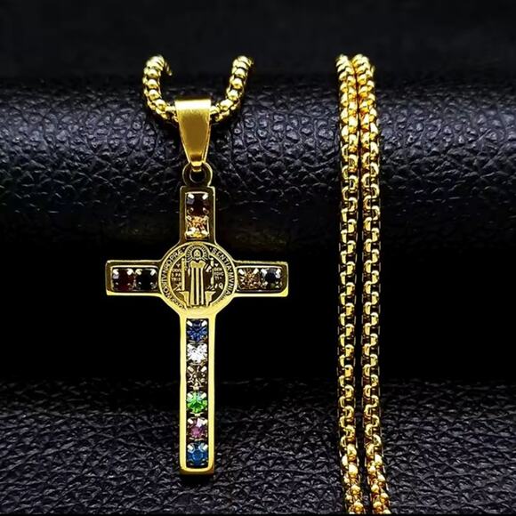 18k Gold Plated Cross Necklace Christmas Birthday Mens Women's Vtg. Fashion Gift - Picture 2 of 4